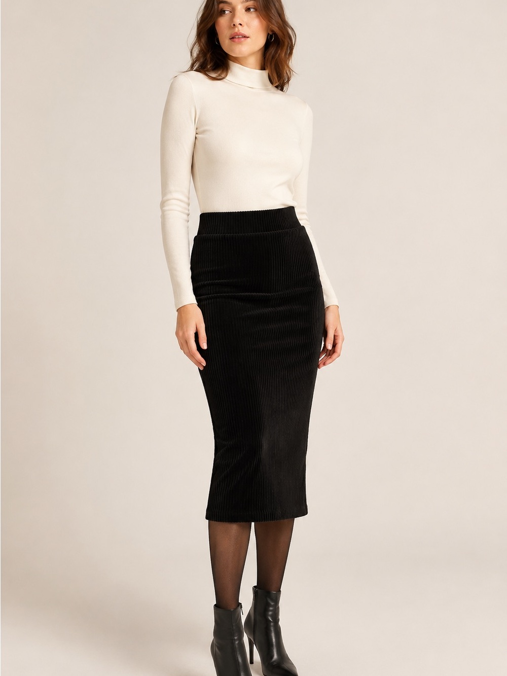 Bershka Black Ribbed Velvet Midi Pencil Skirt - Size S